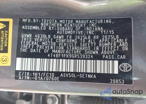 2016 Toyota Camry Le from USA, damaged, VIN 4T4BF1FK9GR539324